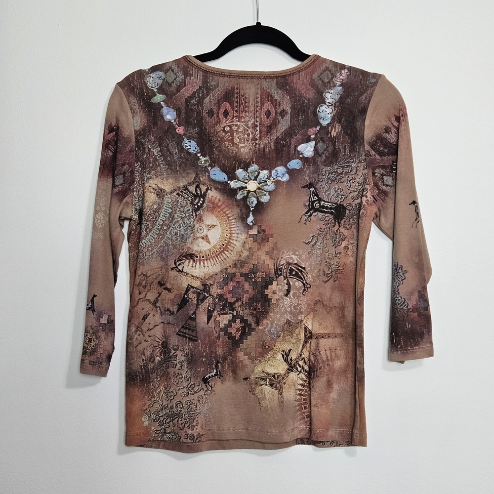 Cactus Blouse Shirt Womens Sz M Western Horse Cotton Embellished 3/4 Sleeve USA - Picture 2 of 7